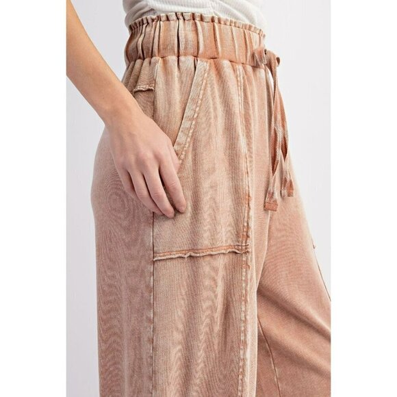 Chill Vibes Mineral Washed Terry Knit Wide Leg Pants in Cappuccino - Picture 4 of 5